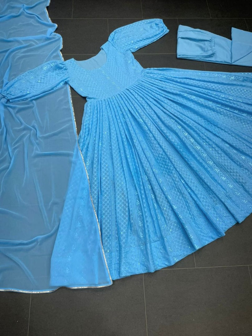 Sky blue georgette heavy embroidered party wear anarkali suit