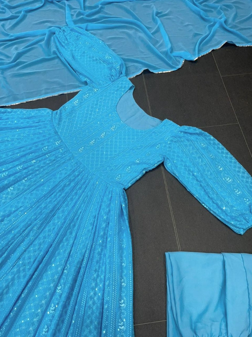 Sky blue georgette heavy embroidered party wear anarkali suit