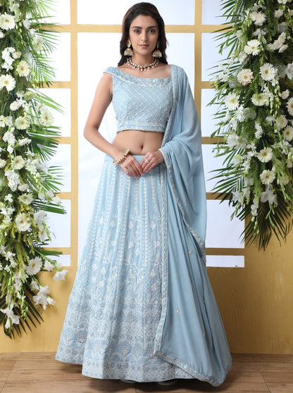 Sky blue georgette heavy embroidered wedding lehenga choli