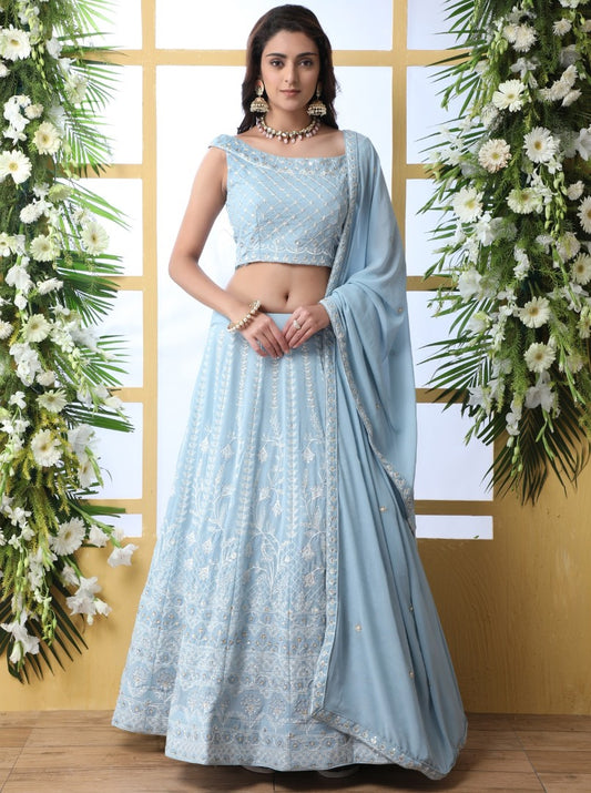 Sky blue georgette heavy embroidered wedding lehenga choli