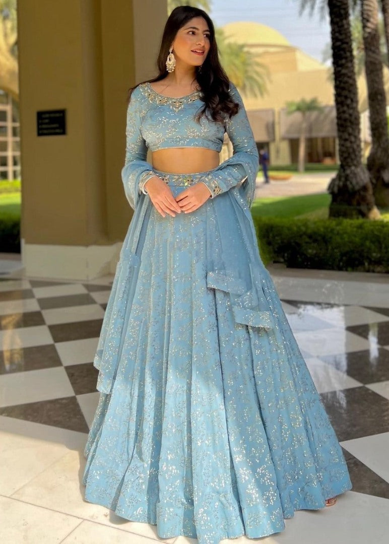 Sky blue georgette heavy embroidered wedding lehenga choli