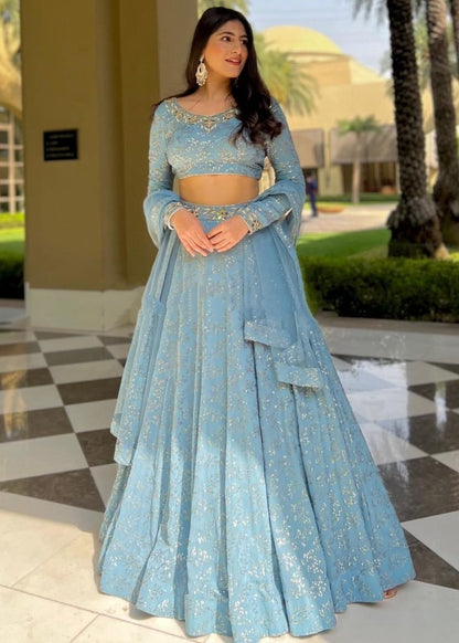 Sky blue georgette heavy embroidered wedding lehenga choli