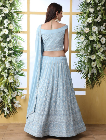 Sky blue georgette heavy embroidered wedding lehenga choli