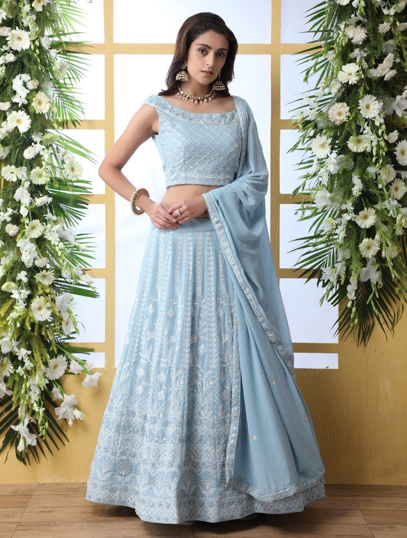 Sky blue georgette heavy embroidered wedding lehenga choli