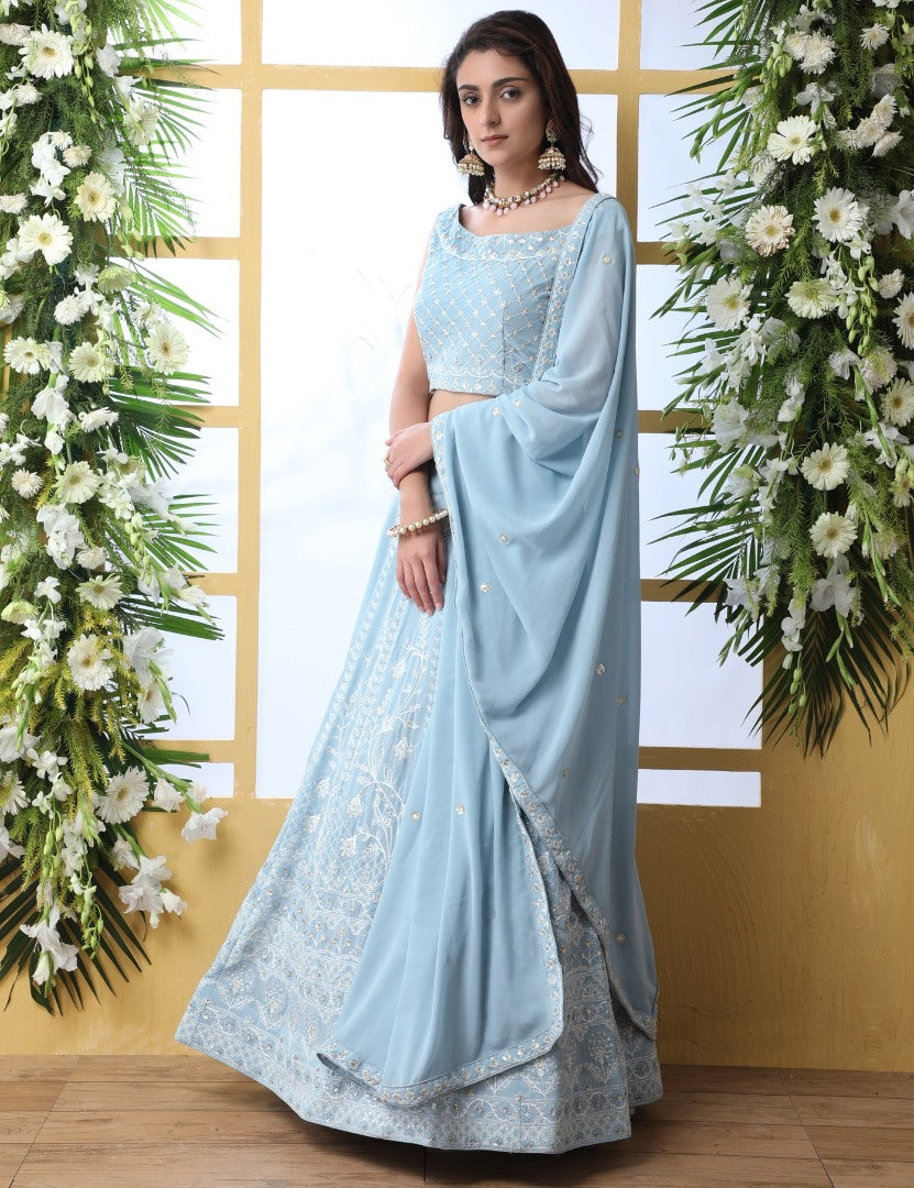 Sky blue georgette heavy embroidered wedding lehenga choli
