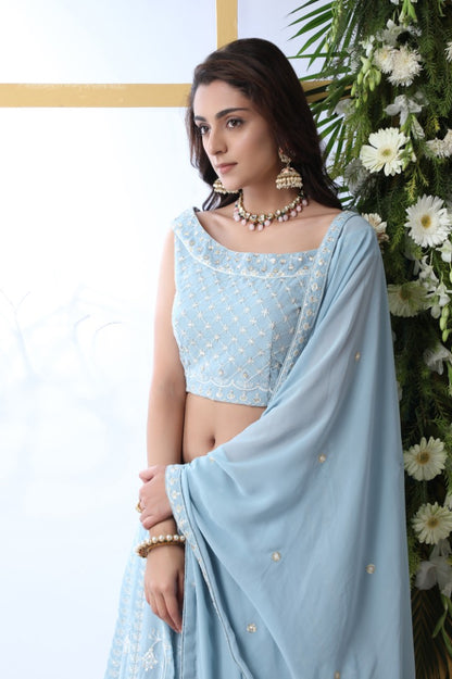 Sky blue georgette heavy embroidered wedding lehenga choli