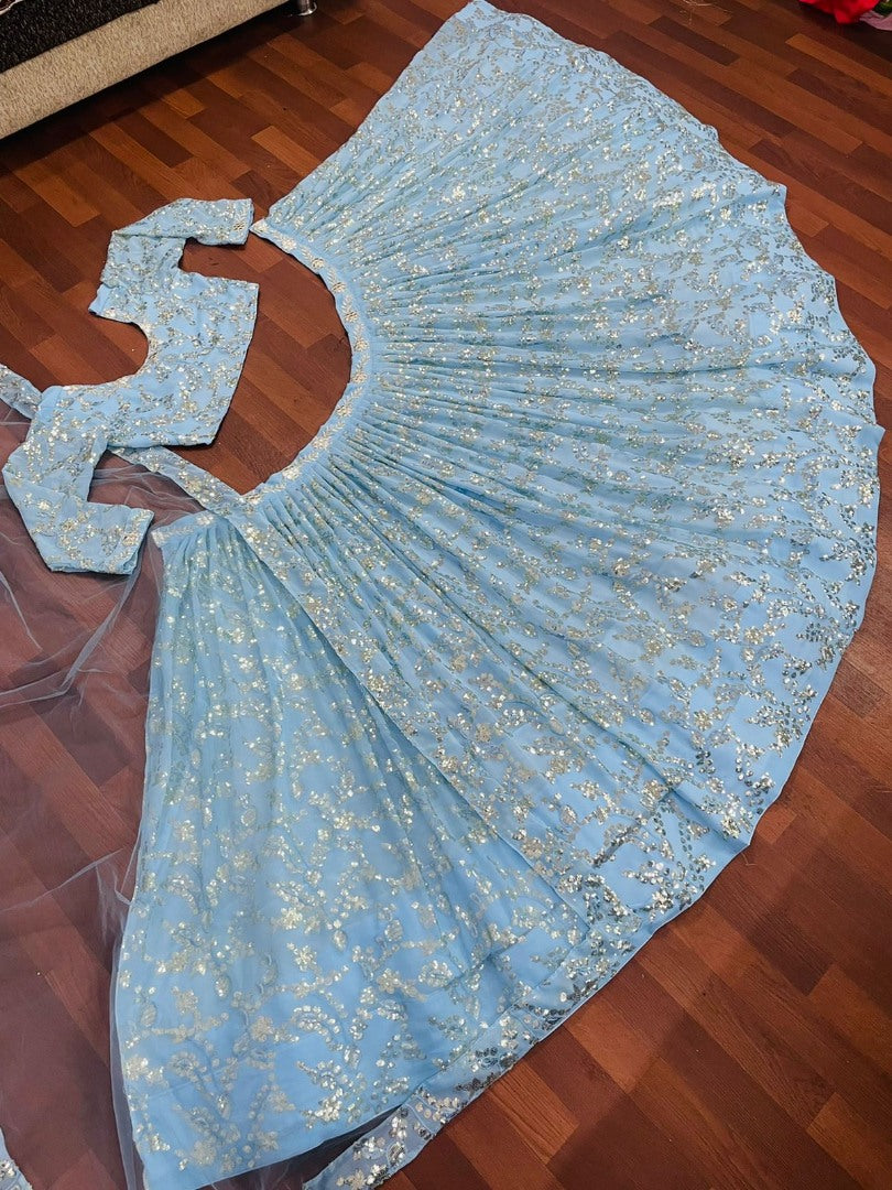 Sky blue georgette heavy embroidered wedding lehenga choli