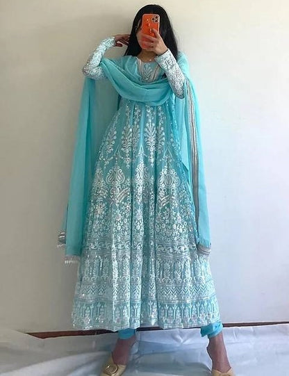 Sky blue georgette heavy embroidery wedding anarkali suit