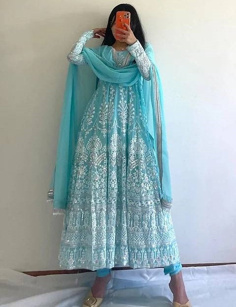 Sky blue georgette heavy embroidery wedding anarkali suit