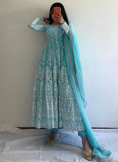 Sky blue georgette heavy embroidery wedding anarkali suit