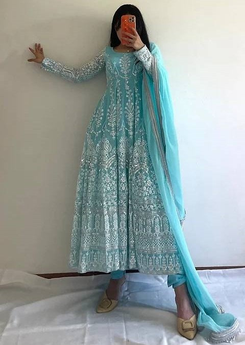 Sky blue georgette heavy embroidery wedding anarkali suit