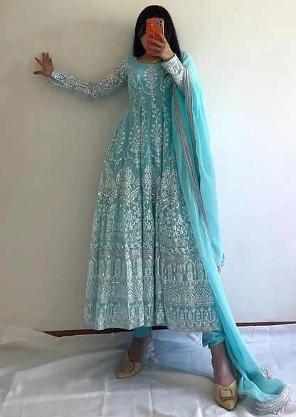 Sky blue georgette heavy embroidery wedding anarkali suit