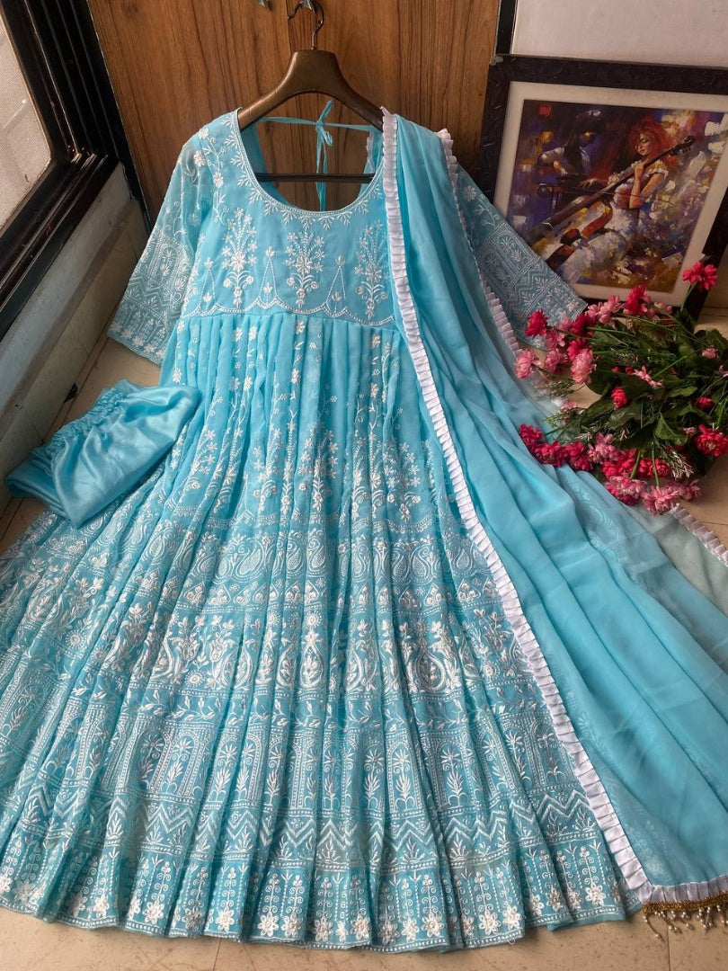 Sky blue georgette heavy embroidery wedding anarkali suit