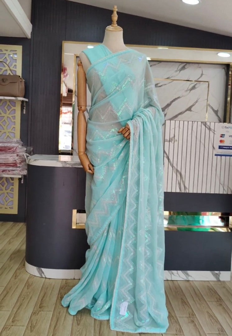 Sky blue georgette heavy thread sequence work saree