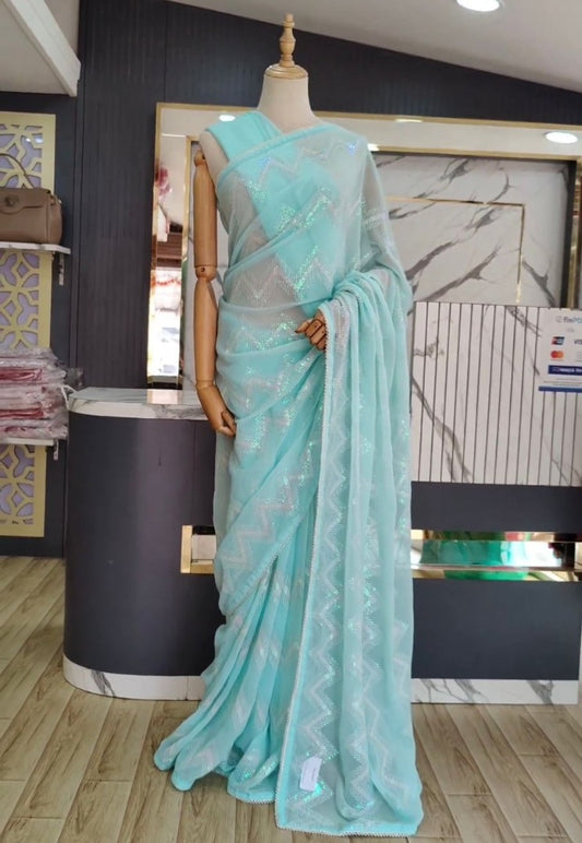 Sky blue georgette heavy thread sequence work saree