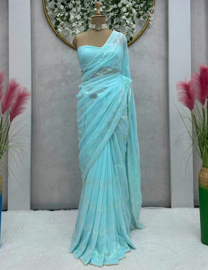 Sky blue georgette heavy thread sequence work saree