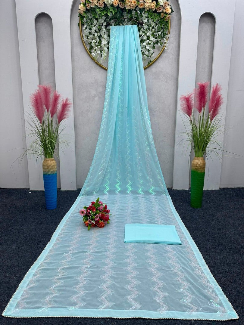 Sky blue georgette heavy thread sequence work saree