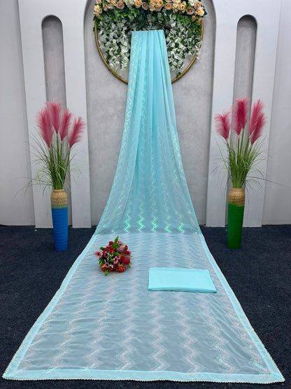 Sky blue georgette heavy thread sequence work saree