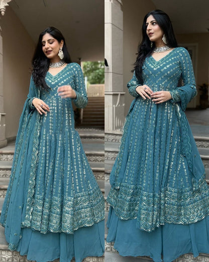 Sky blue georgette heavy work lehenga suit for ceremony