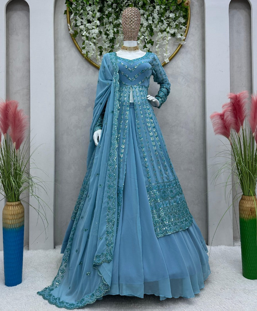 Sky blue georgette heavy work lehenga suit for ceremony