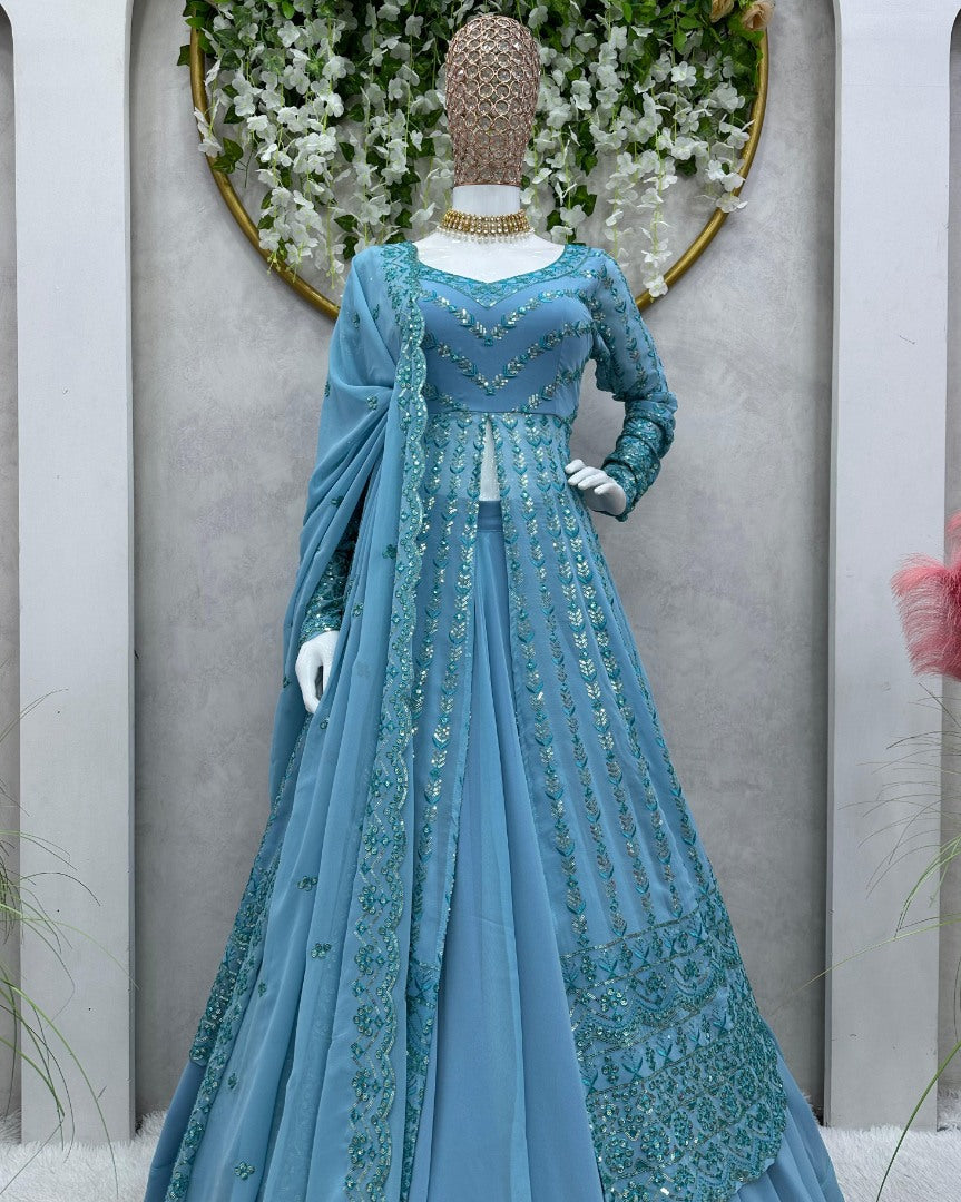 Sky blue georgette heavy work lehenga suit for ceremony