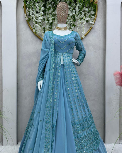 Sky blue georgette heavy work lehenga suit for ceremony