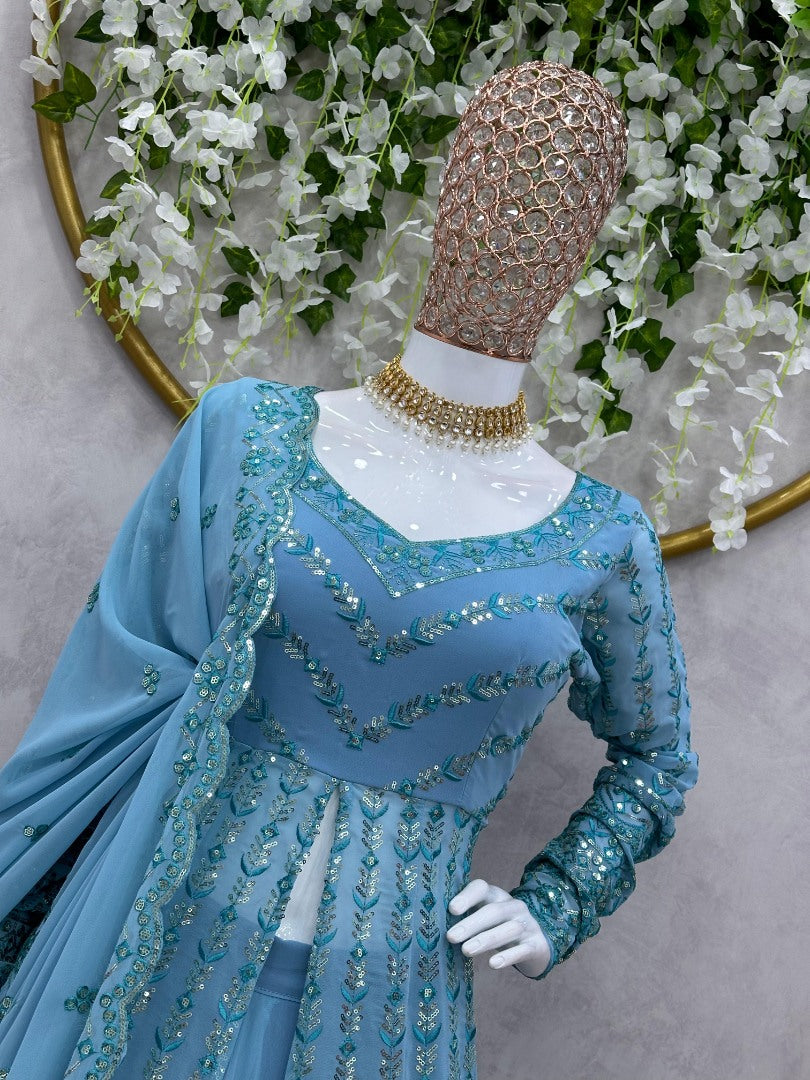 Sky blue georgette heavy work lehenga suit for ceremony