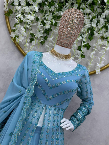 Sky blue georgette heavy work lehenga suit for ceremony