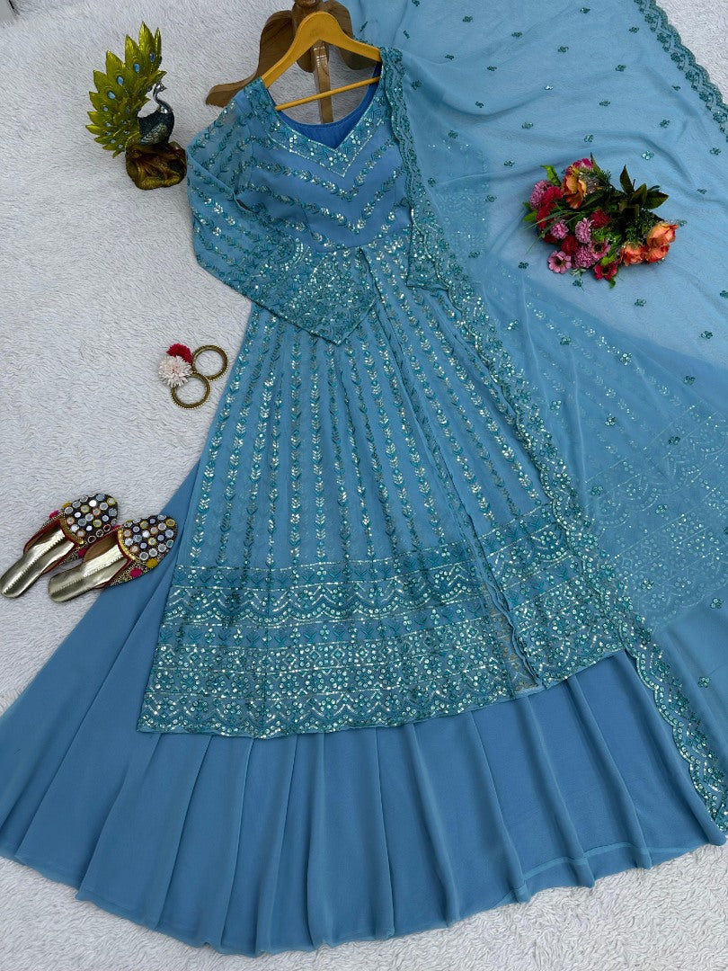 Sky blue georgette heavy work lehenga suit for ceremony