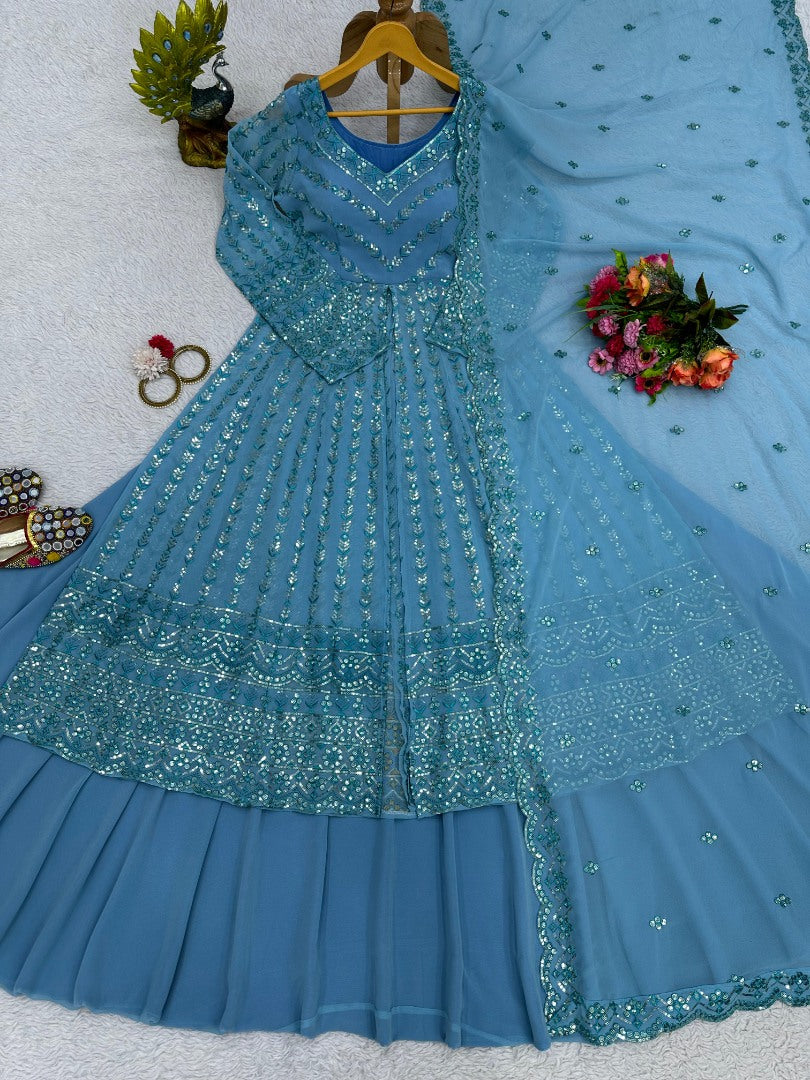 Sky blue georgette heavy work lehenga suit for ceremony