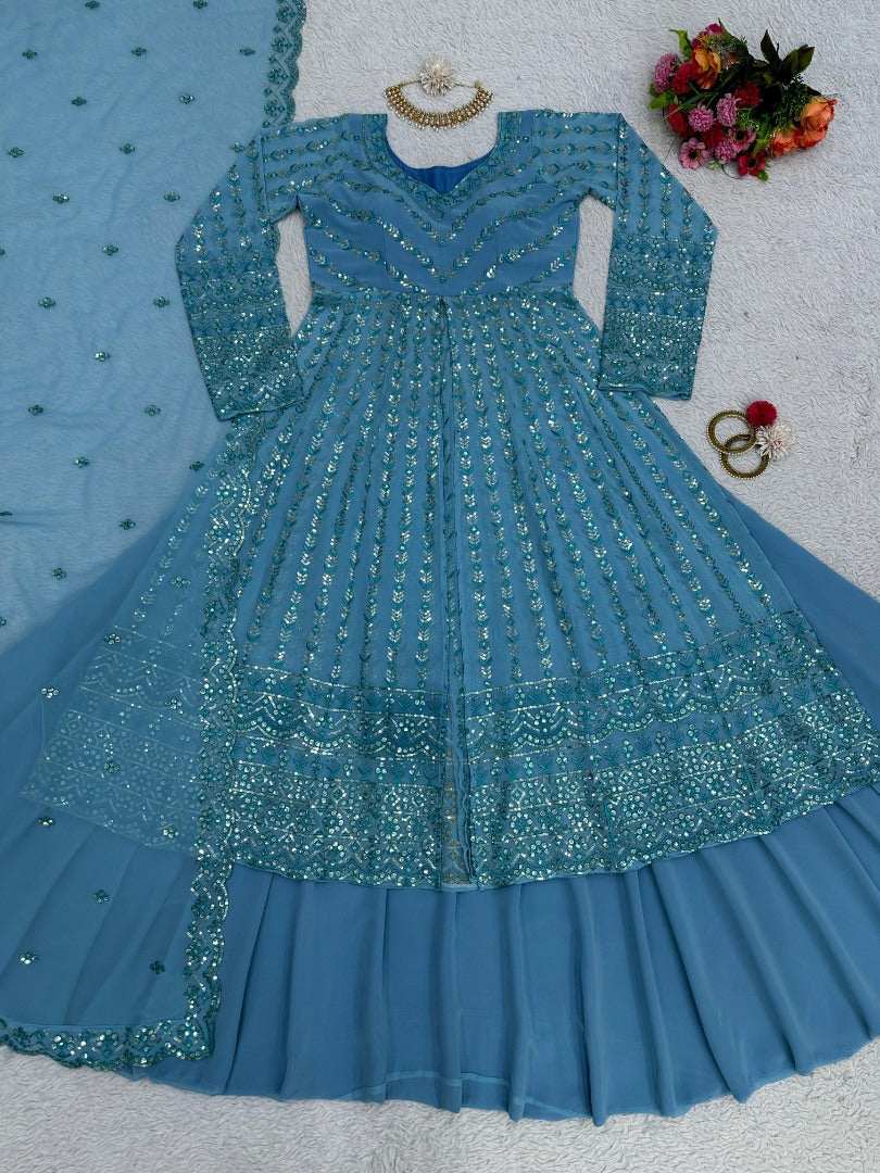 Sky blue georgette heavy work lehenga suit for ceremony