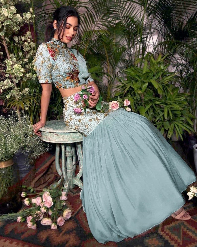 sky blue georgette indowestern croptop lehenga