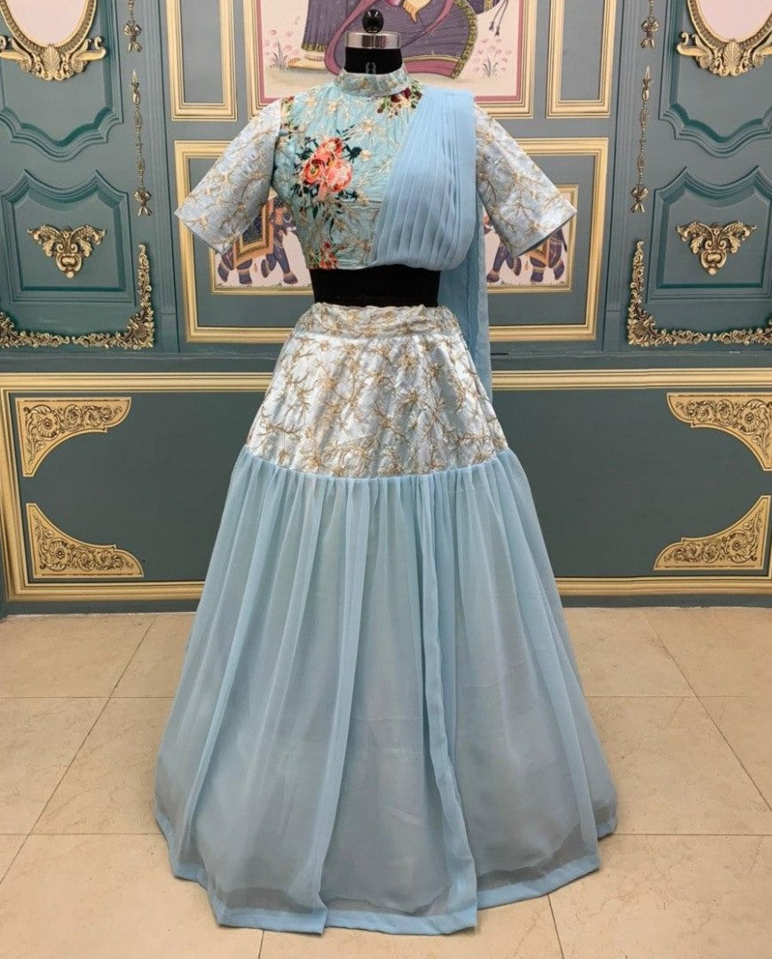 sky blue georgette indowestern croptop lehenga