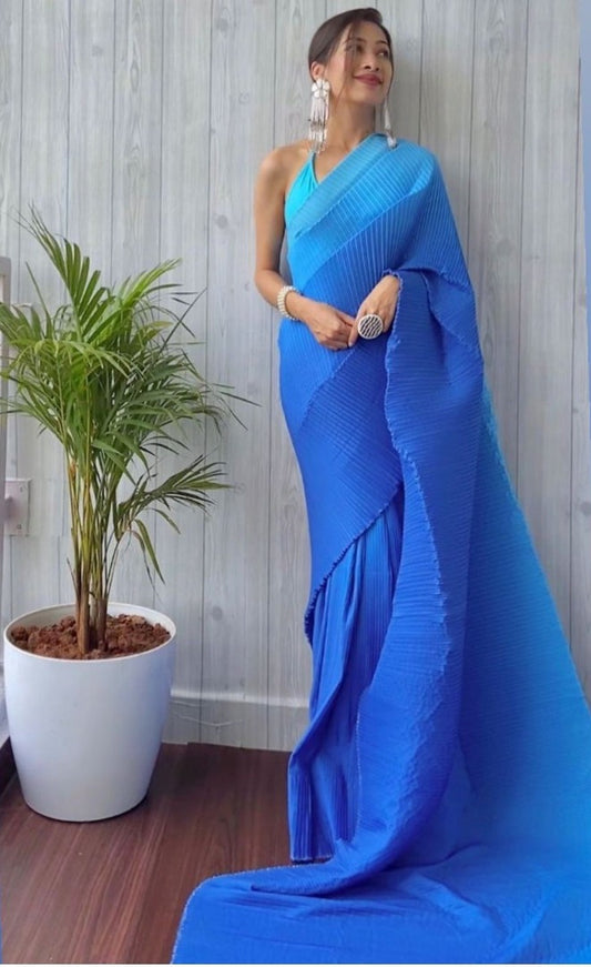 Sky blue georgette pleated saree