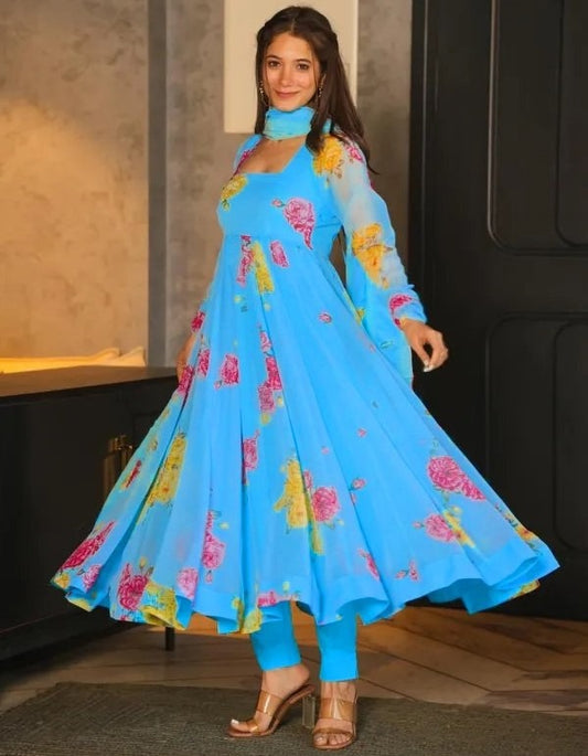 Sky blue georgette printed anarkali suit