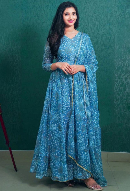 Sky blue georgette printed casual wear anarkali suit