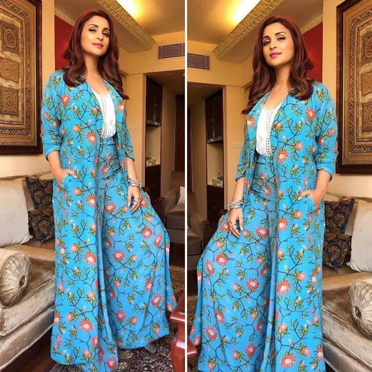 sky blue georgette printed plazzo suit with jacket