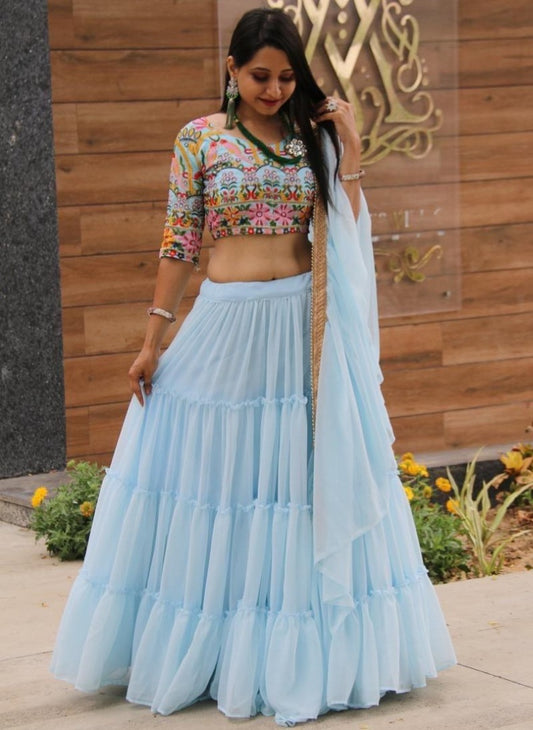 Sky blue georgette ruffle lehenga with heavy embroidered blouse