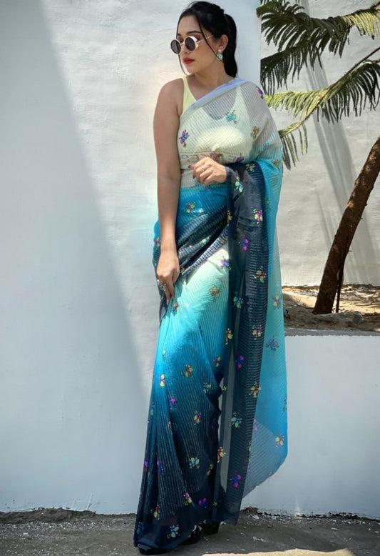 Sky blue georgette sequence digital printed work party wear saree