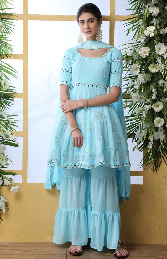 Sky blue georgette sharara salwar suit
