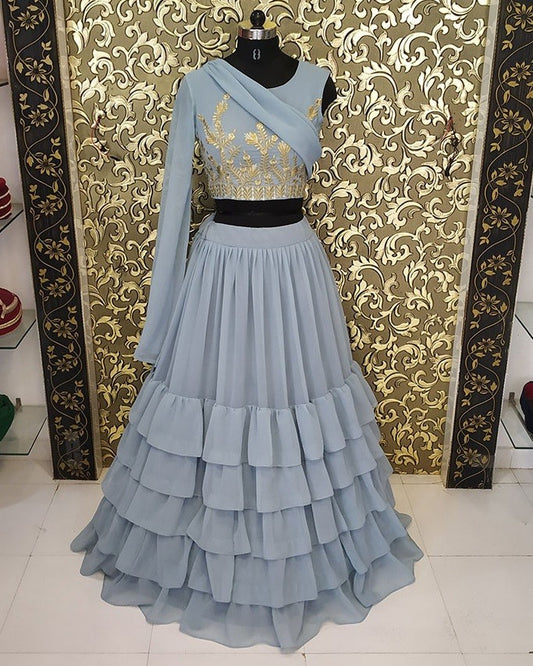 sky blue georgette stylist ruffle lehenga choli