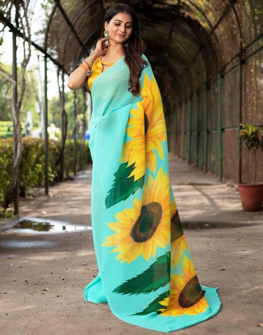 Sky blue georgette sunflower print crush saree