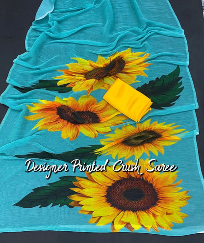 Sky blue georgette sunflower print crush saree