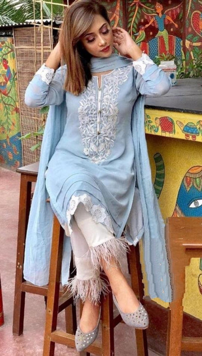 Sky blue georgette thread embroidered plazzo suit