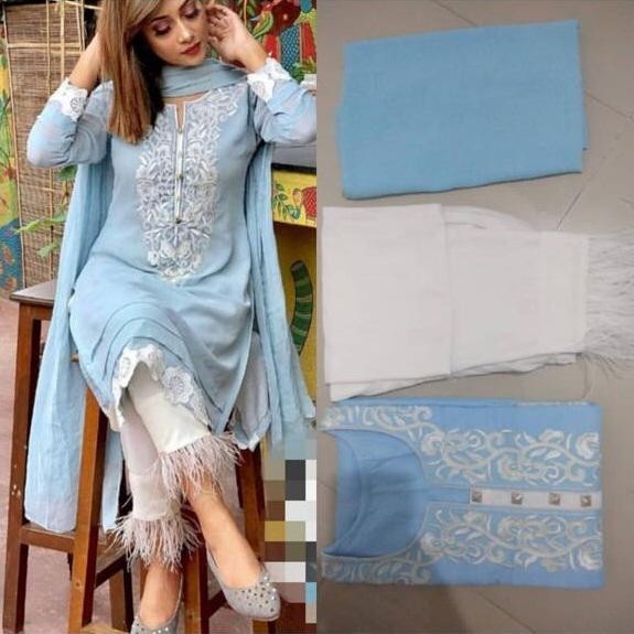 Sky blue georgette thread embroidered plazzo suit