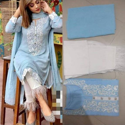 Sky blue georgette thread embroidered plazzo suit