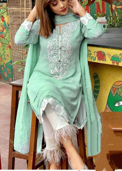 Sky blue georgette thread embroidered plazzo suit