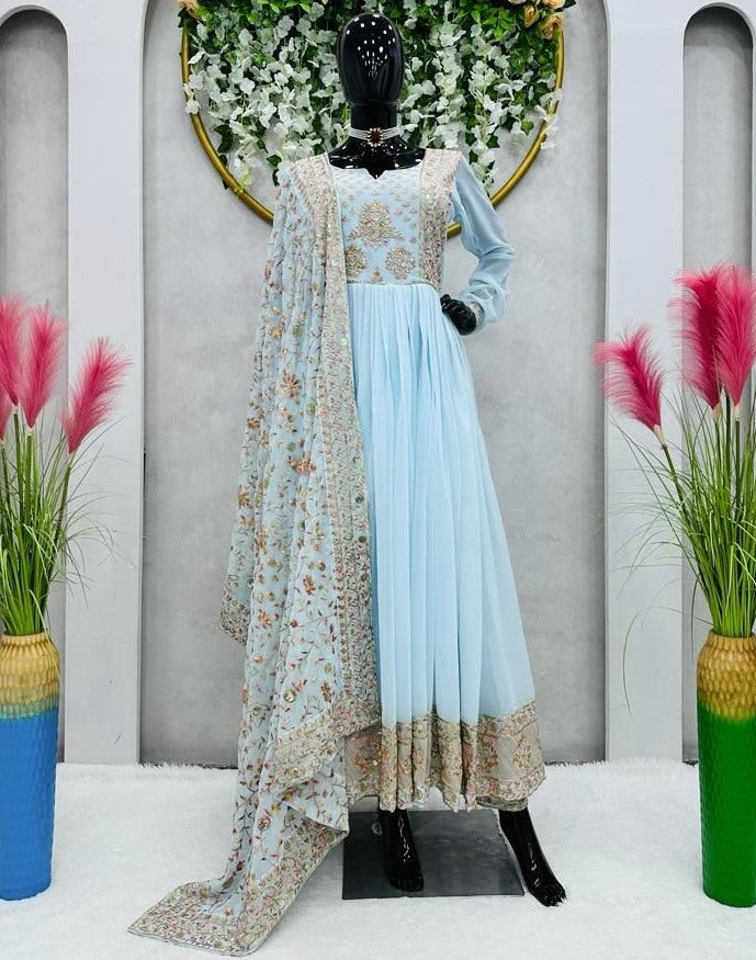 Sky blue georgette thread sequence work naira cut pant suit