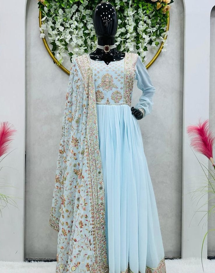 Sky blue georgette thread sequence work naira cut pant suit