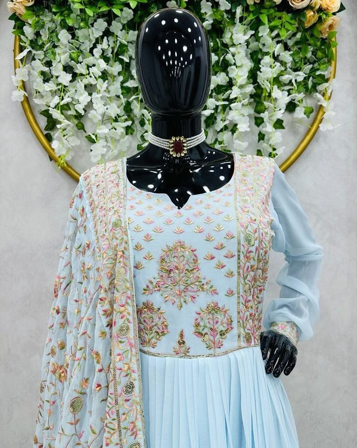Sky blue georgette thread sequence work naira cut pant suit